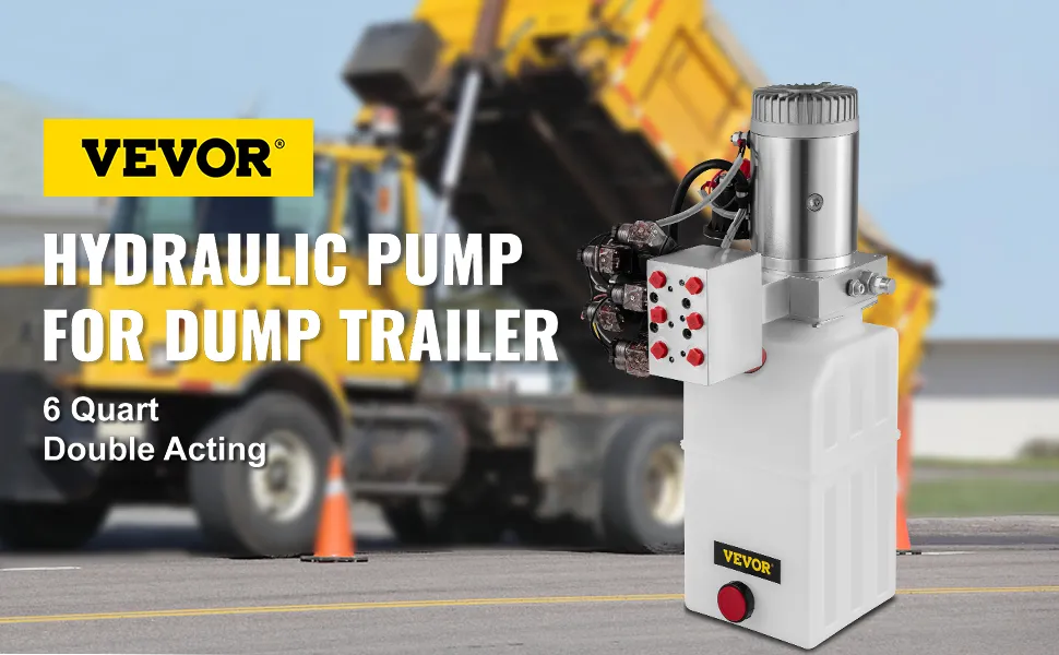 Bomba de remolque de volteo hidráulico VEVOR delante de un camión volquete amarillo.