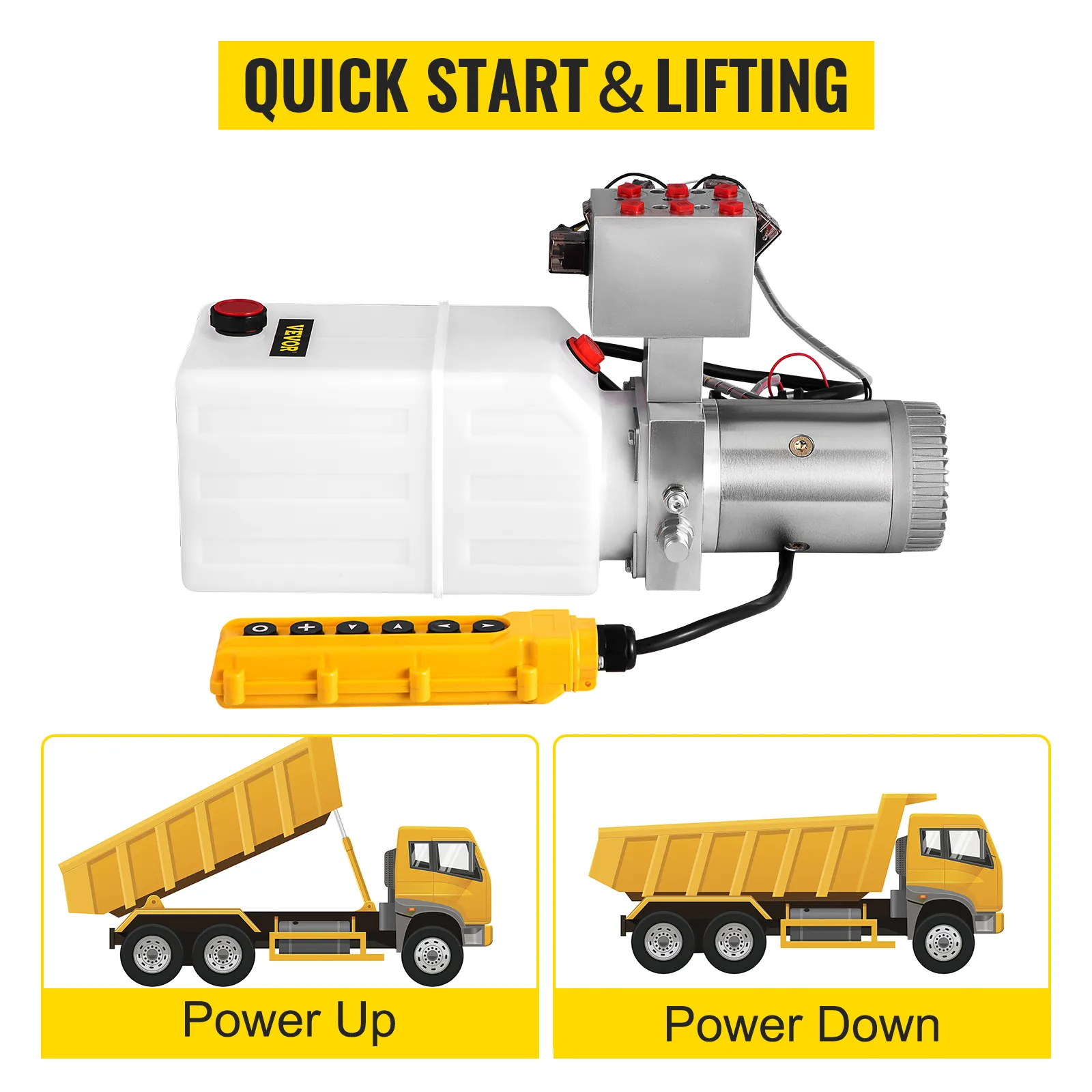 Bomba de remolque de volteo hidráulico VEVOR, arranque rápido y elevación, control de subida/bajada de potencia.