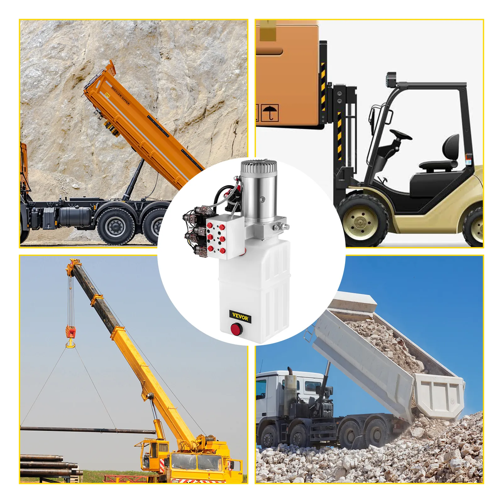 Bomba de remolque de volteo hidráulico VEVOR exhibida con varias maquinarias pesadas y camiones de volteo.