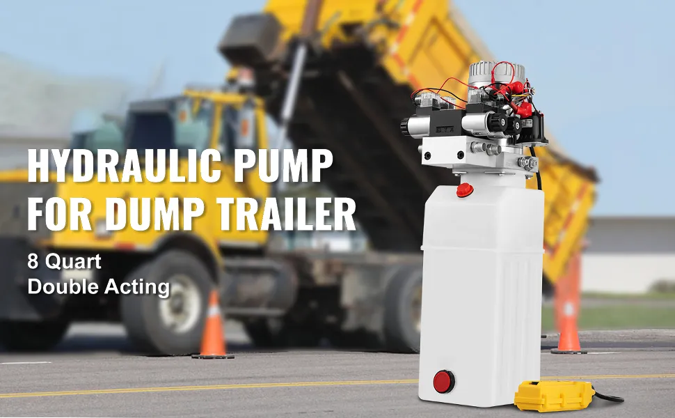 VEVOR hydraulic power pack for dump trailer, 8 quart, double acting, with a dump truck.