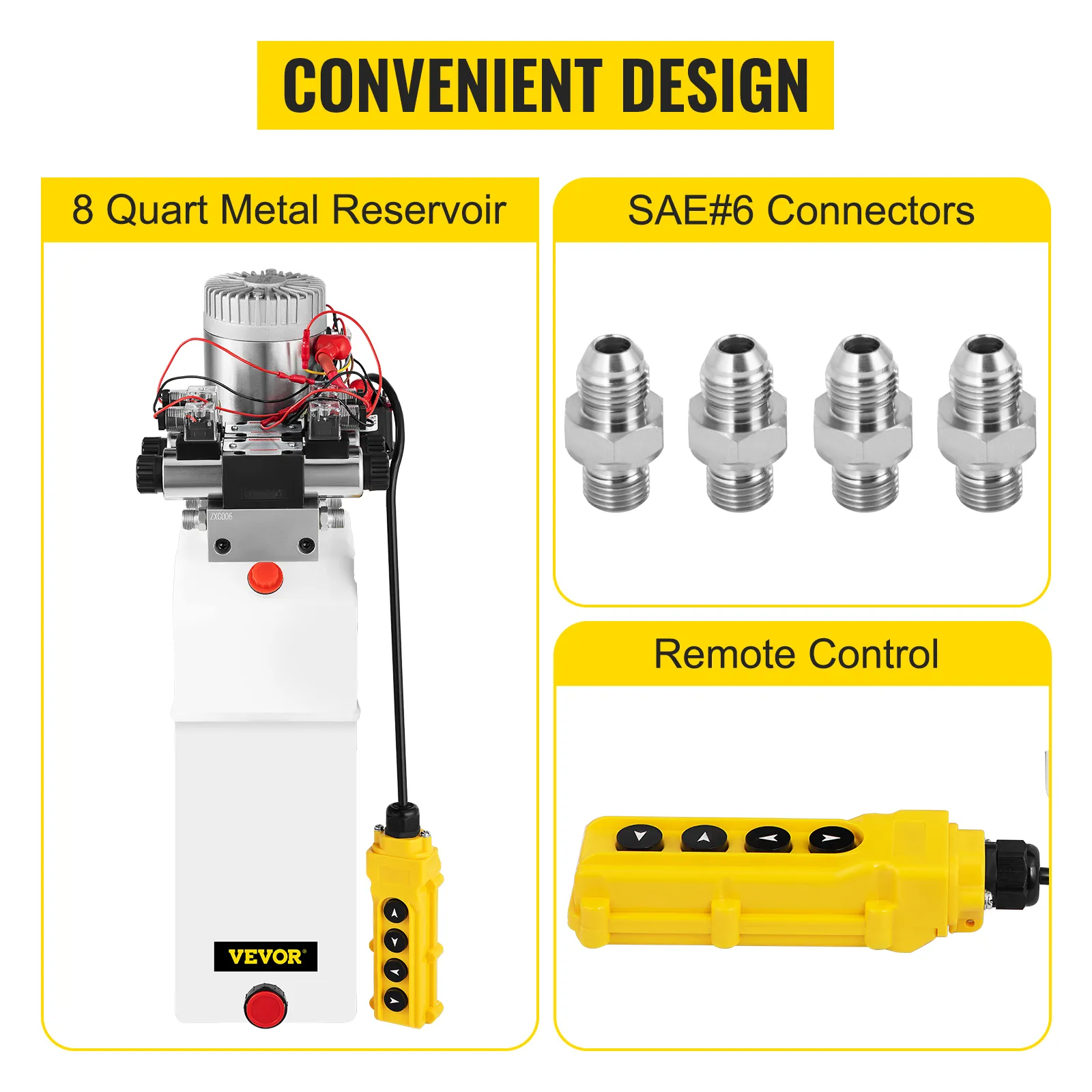 VEVOR hydraulic power pack with 8-quart tank, sae#6 connectors, and remote control.