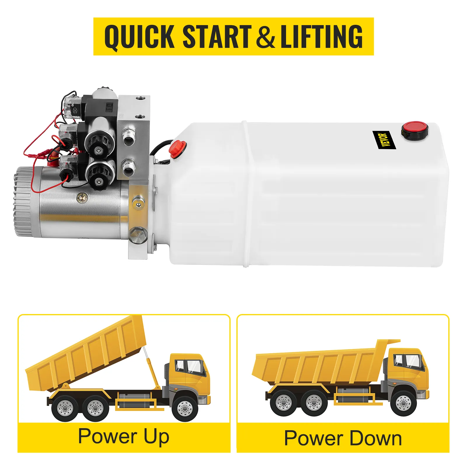 VEVOR hydraulic power pack for quick start and lifting, with power up/down truck icons.