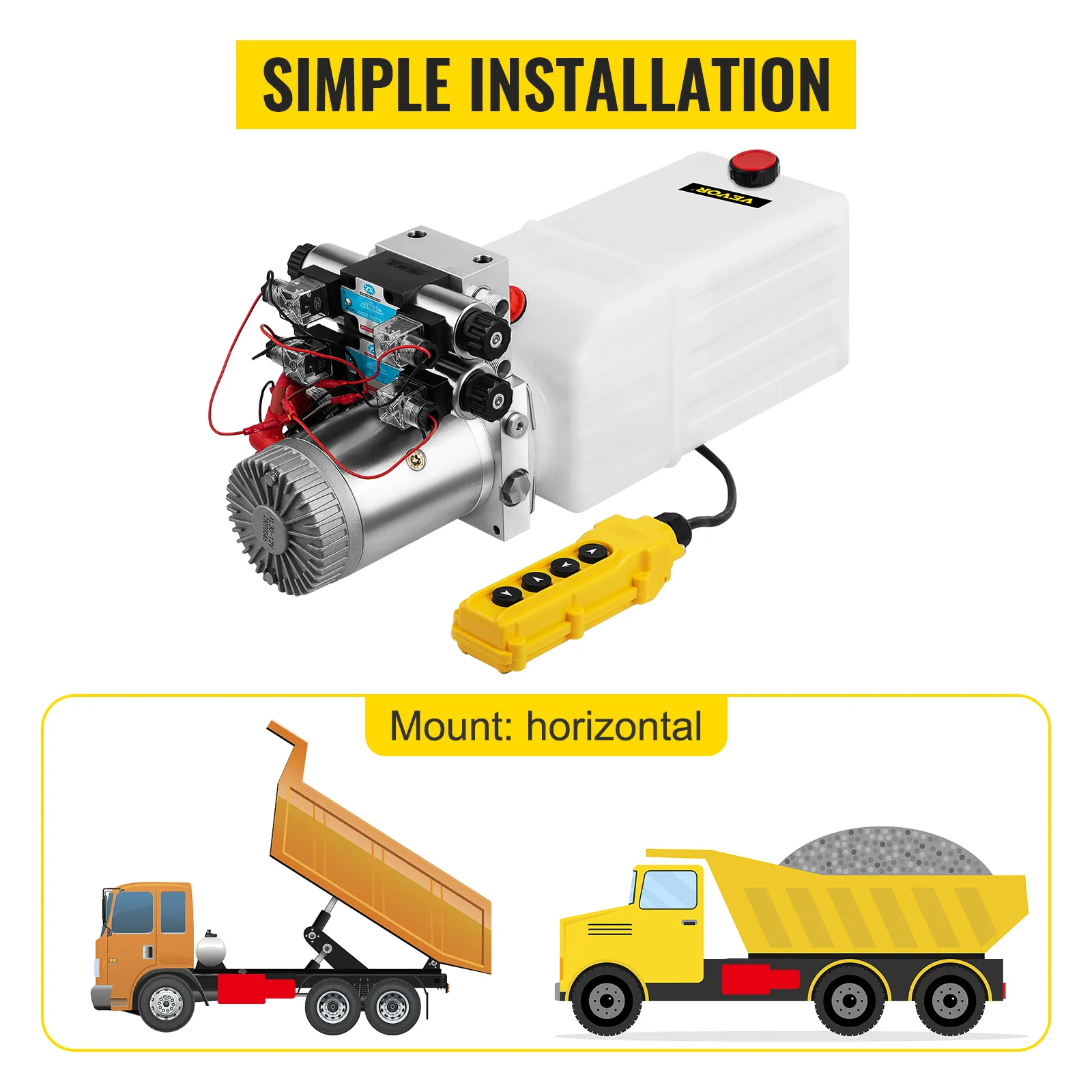 VEVOR hydraulic power pack with simple installation and horizontal mount for trucks.