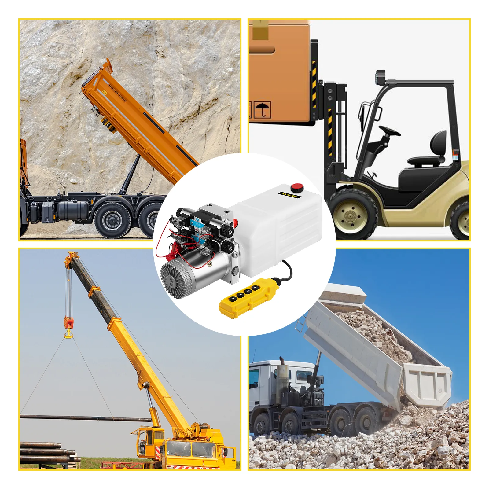 VEVOR hydraulic power pack displayed with truck, forklift, crane, and dump truck.