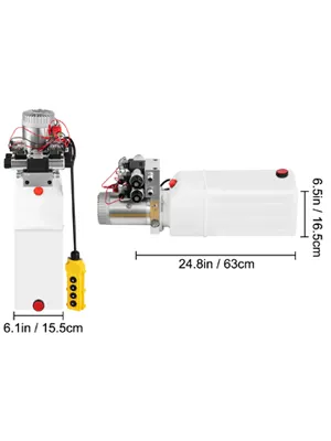 VEVOR hydraulic power pack with dimensions: 24.8in x 6.5in and 6.1in width.