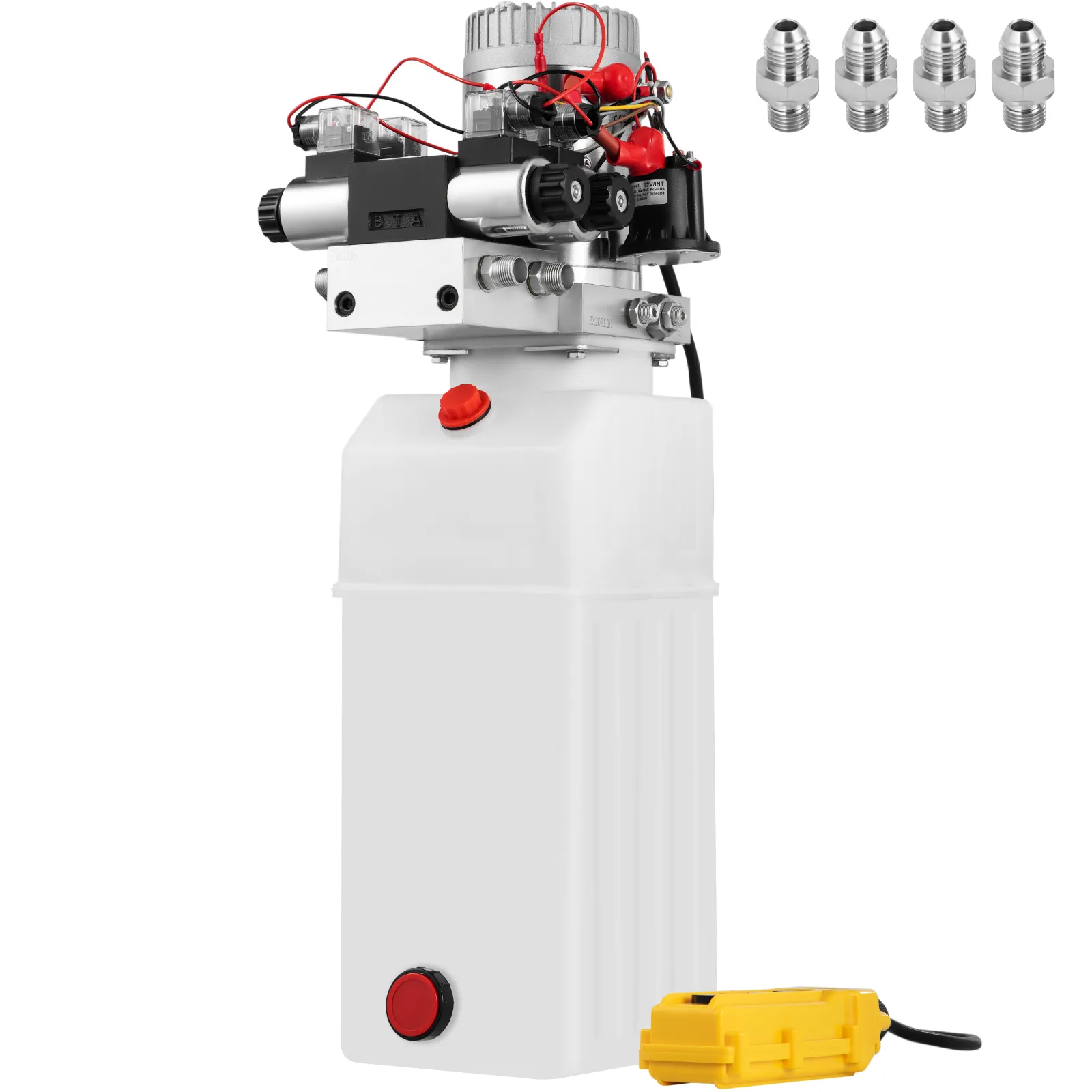 VEVOR hydraulic power pack with control switch and four additional fittings.