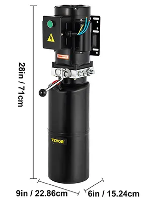 Unidad de potencia hidráulica VEVOR, 28 pulgadas de alto, 9 pulgadas de ancho, cilindro negro, unidad de control en la parte superior.