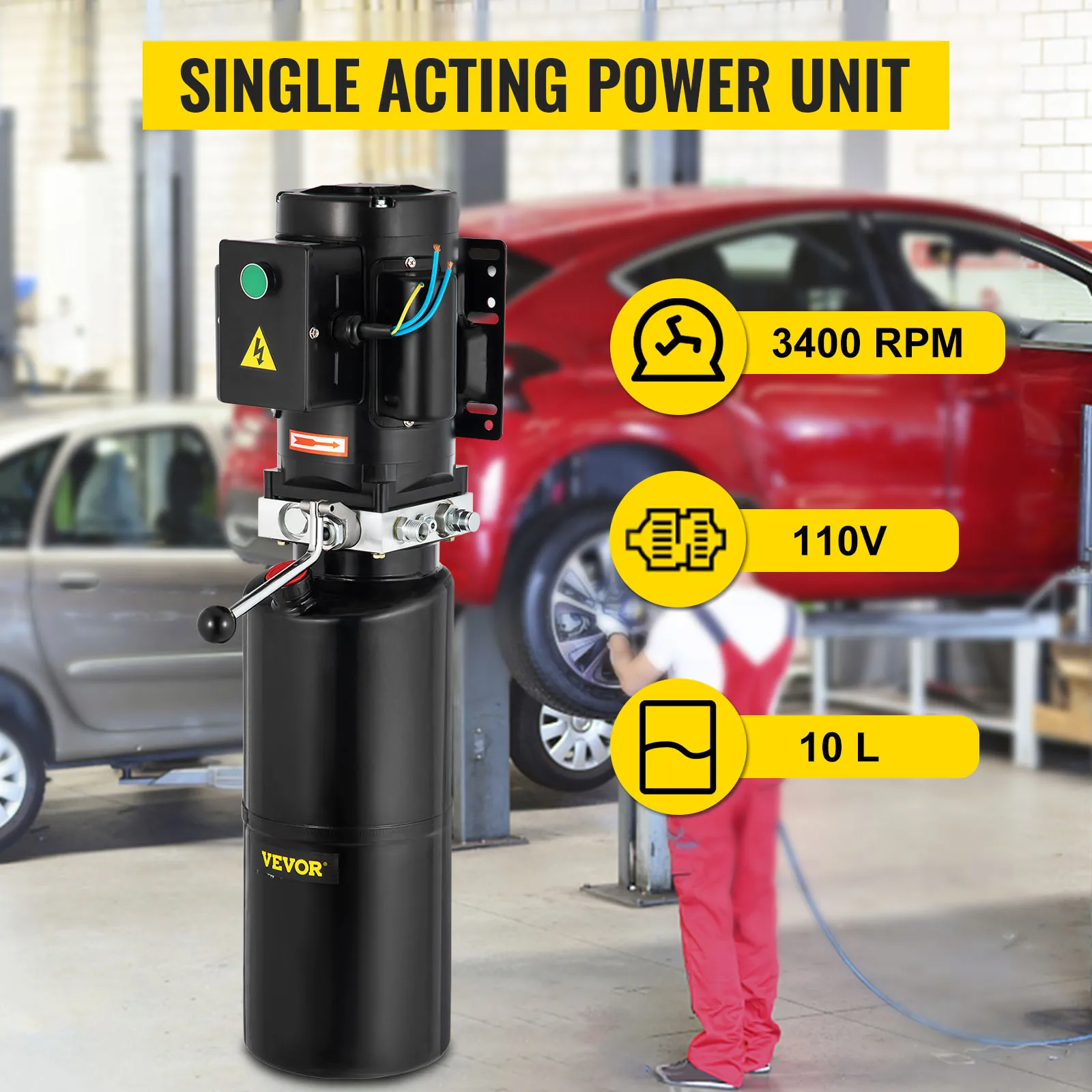 Unidad de potencia hidráulica VEVOR con 3400 rpm, 110v y 10l de capacidad en taller de automóviles.
