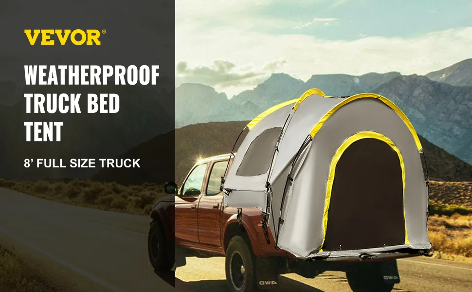 VEVOR truck tent: weatherproof 8-foot truck bed tent for full-size trucks, in mountains.