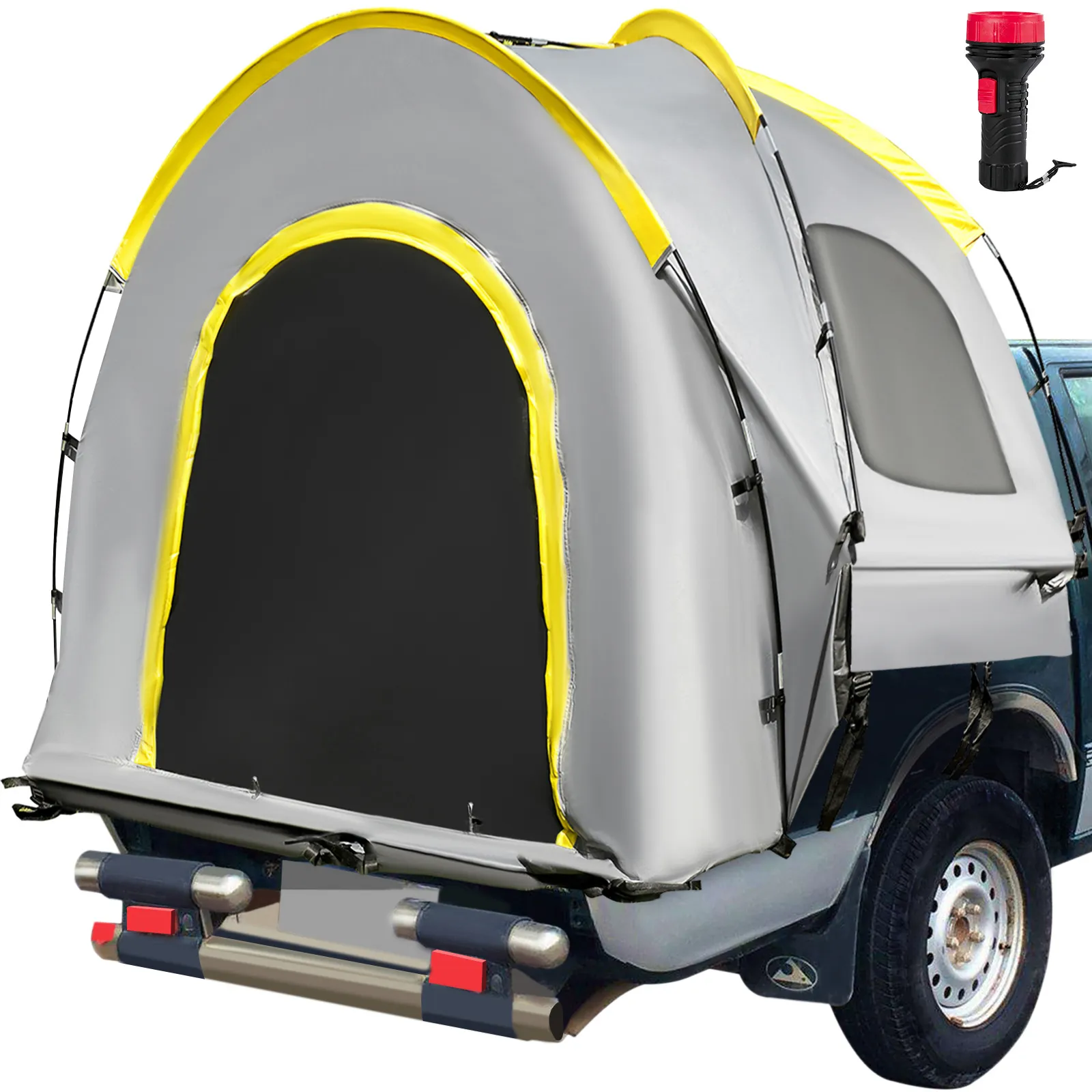 VEVOR truck tent attached to a truck bed with a black and yellow portable light.