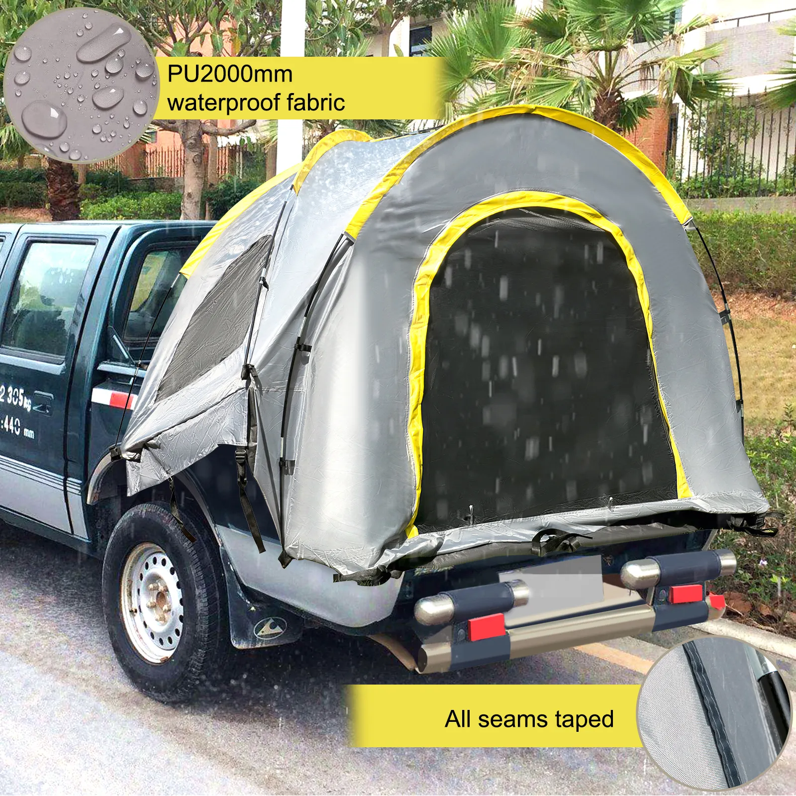 VEVOR truck tent with pu2000mm waterproof fabric and taped seams in heavy rain.
