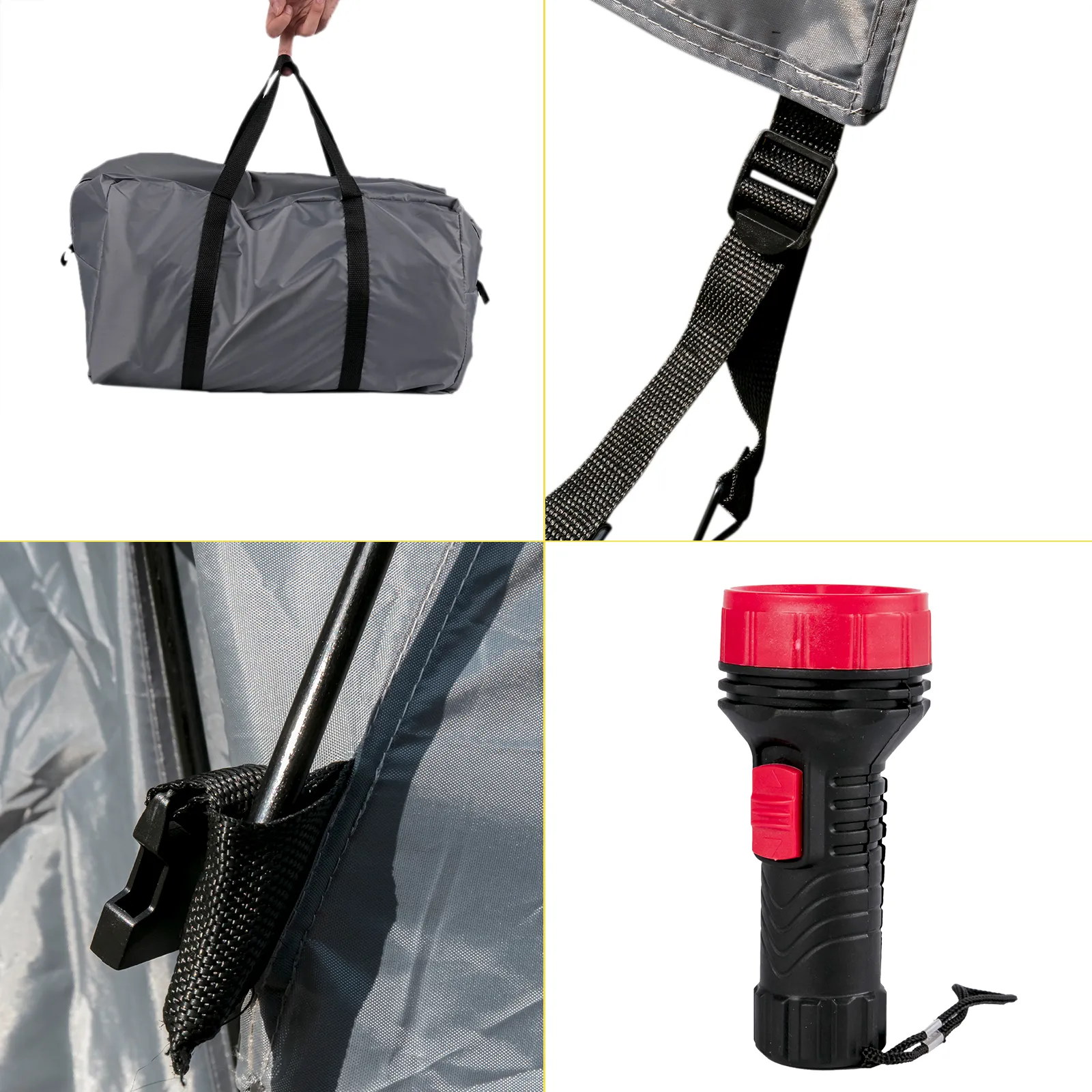 compact VEVOR truck tent in carry bag with strap, pole detail, and flashlight.