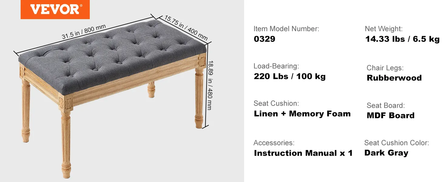 VEVOR upholstered bench with dark gray linen memory foam cushion, rubberwood legs, supports 220 lbs.