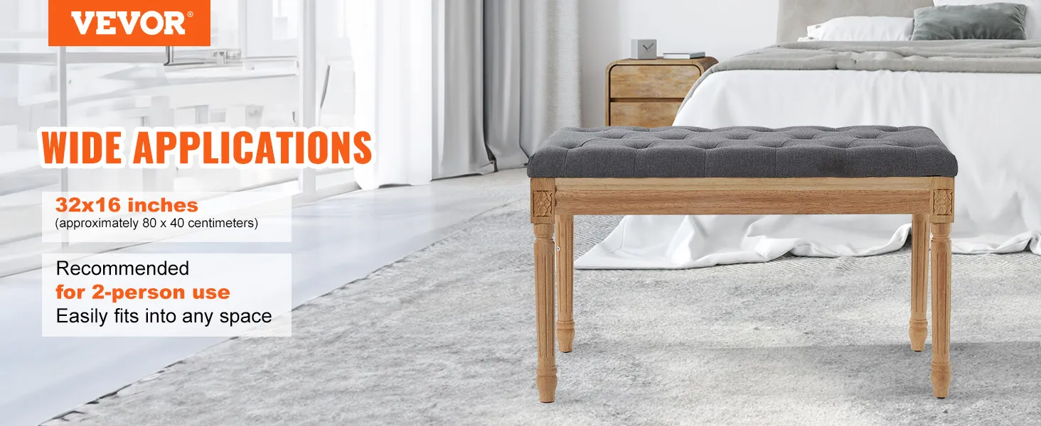VEVOR upholstered bench in a bedroom, 32x16 inches, fits two people, versatile for any space.