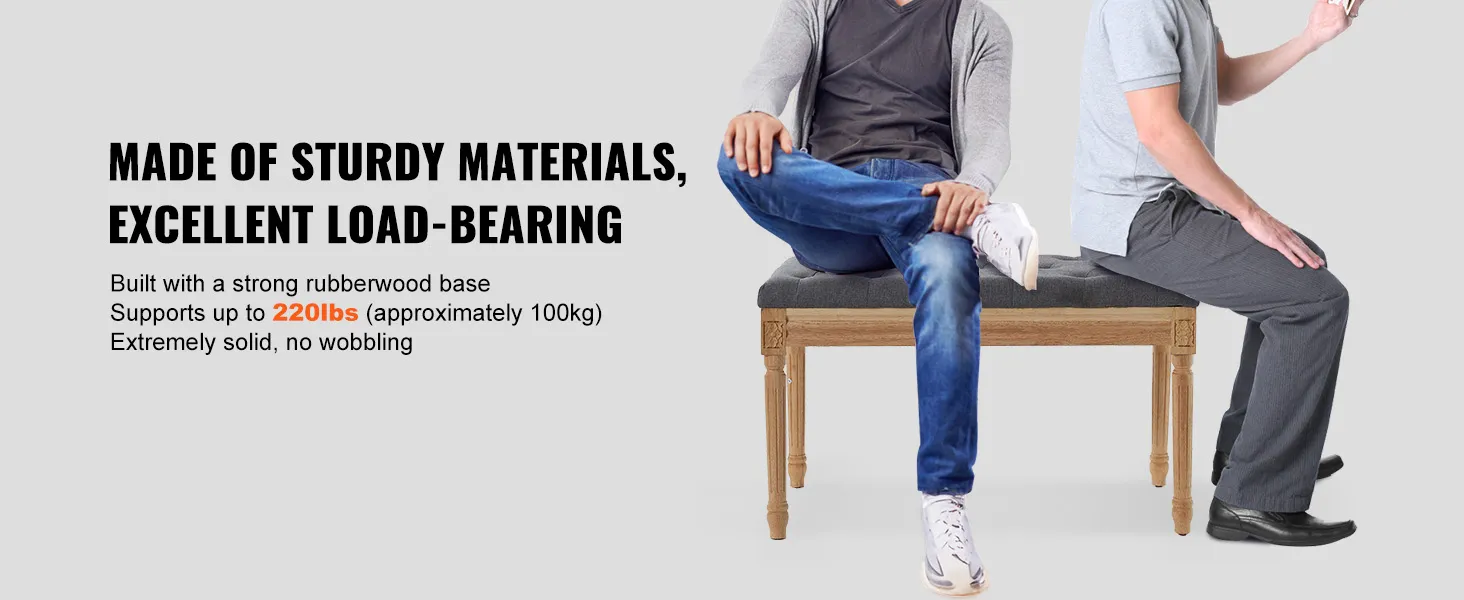two men sit on a VEVOR upholstered bench, showcasing its sturdy rubberwood base and excellent load-bearing capacity.