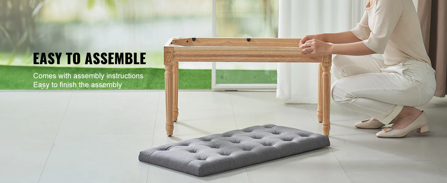 woman assembling VEVOR upholstered bench, highlighting ease of assembly with parts laid out.