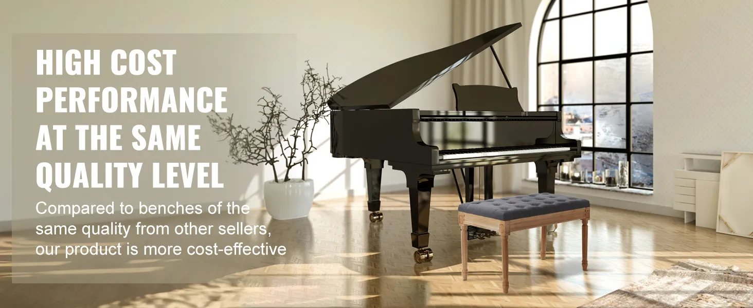 black grand piano and VEVOR upholstered bench in a bright room with large windows and minimalist decor.