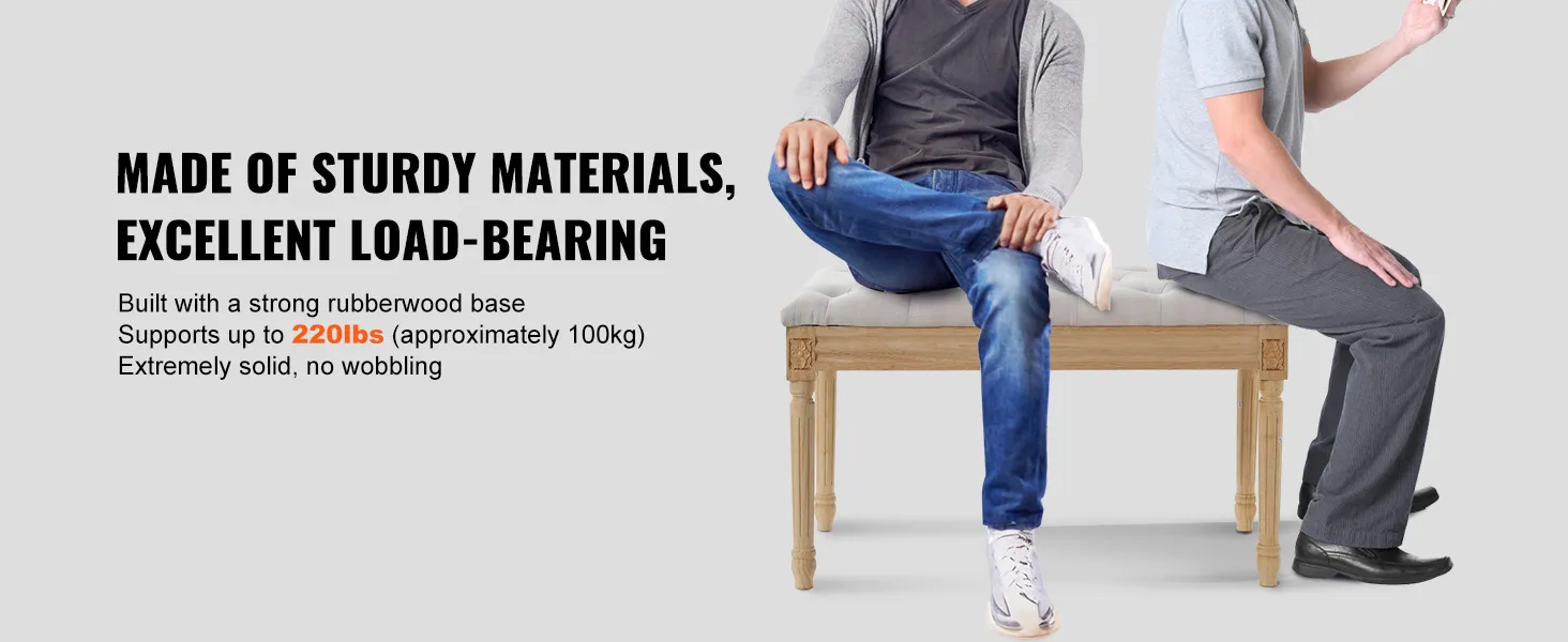 VEVOR upholstered bench supports up to 220 lbs, built with a strong rubberwood base, and offers excellent load-bearing.