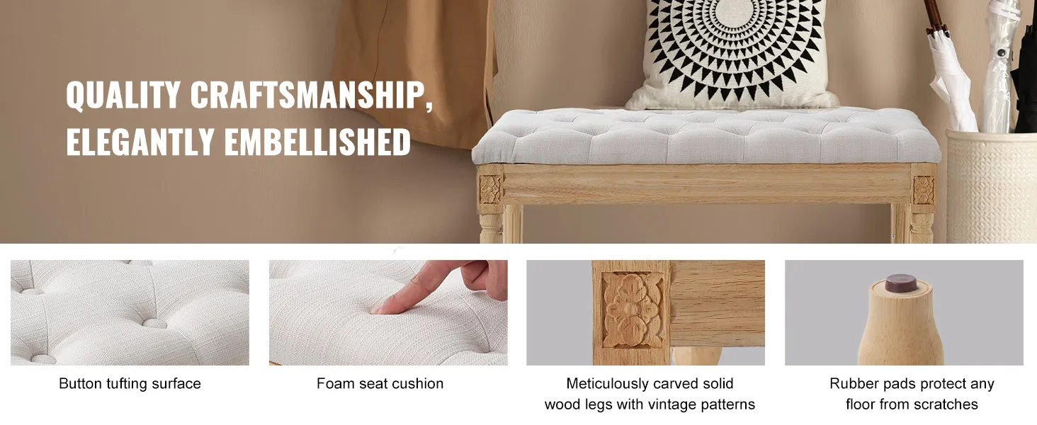 VEVOR upholstered bench with button tufting, foam seat cushion, carved wood legs, and rubber floor pads.