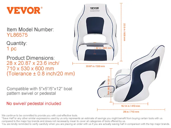 VEVOR captain bucket seat dimensions and compatibility details with corresponding model number yl86575.