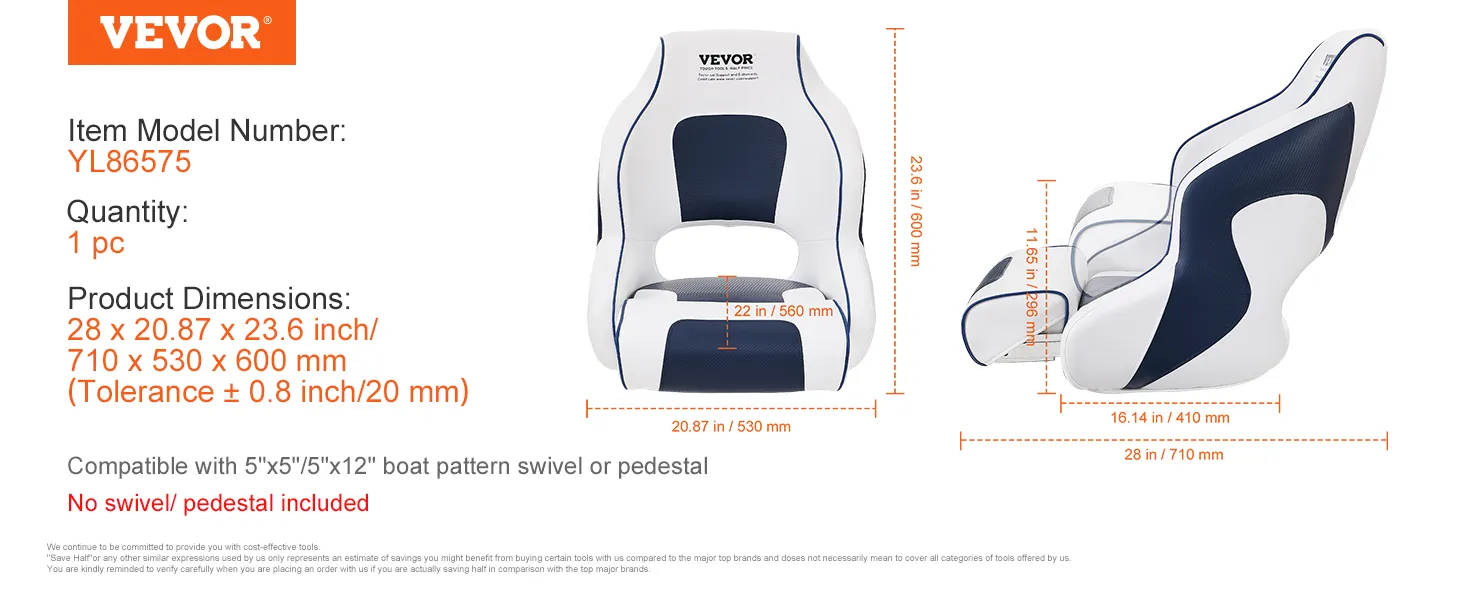 VEVOR captain bucket seat dimensions and compatibility details with corresponding model number yl86575.