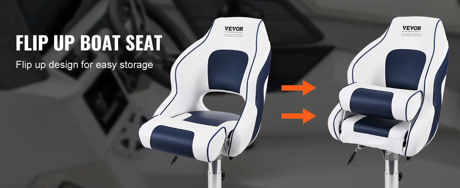 VEVOR captain bucket seat with flip-up design for easy storage in blue and white color scheme.