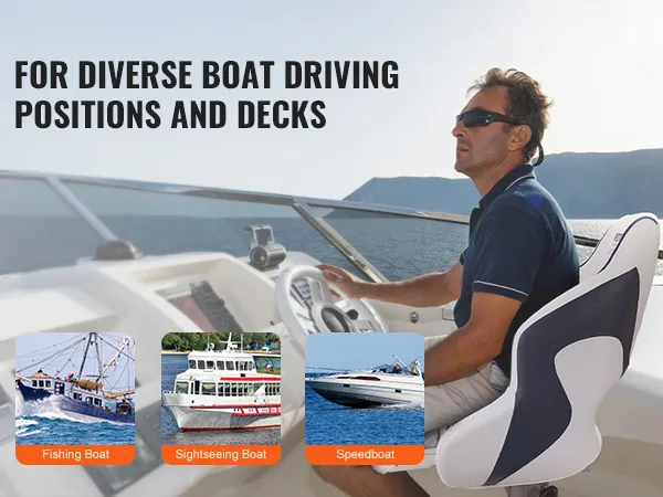 VEVOR captain bucket seat in use on a boat, ideal for fishing boats, sightseeing boats, and speedboats.