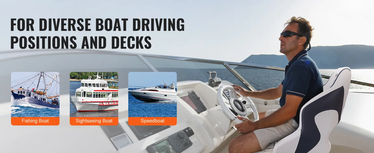 VEVOR captain bucket seat in use on a boat, ideal for fishing boats, sightseeing boats, and speedboats.