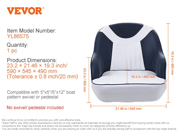 VEVOR captain bucket seat model yl86573, 23.2x21.46x19.3 inches, navy and white, no pedestal included.