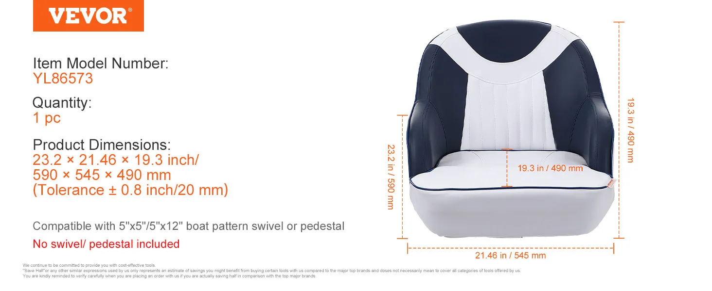 VEVOR captain bucket seat model yl86573, 23.2x21.46x19.3 inches, navy and white, no pedestal included.