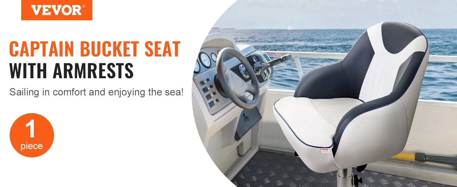 VEVOR captain bucket seat with armrests shown on a boat, offering comfort while sailing on the sea.