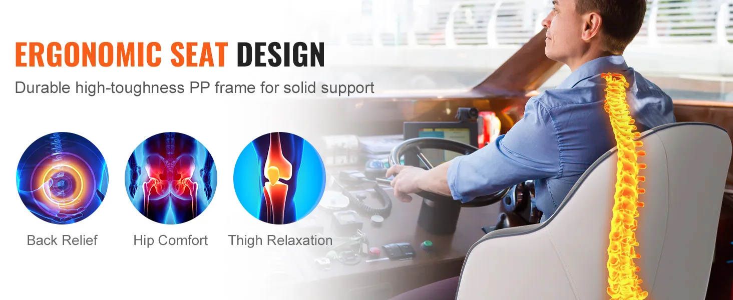 ergonomic VEVOR captain bucket seat provides back relief, hip comfort, and thigh relaxation.