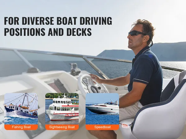 VEVOR captain bucket seat on a boat with text highlighting versatility for fishing boats, sightseeing boats, and speedboats.