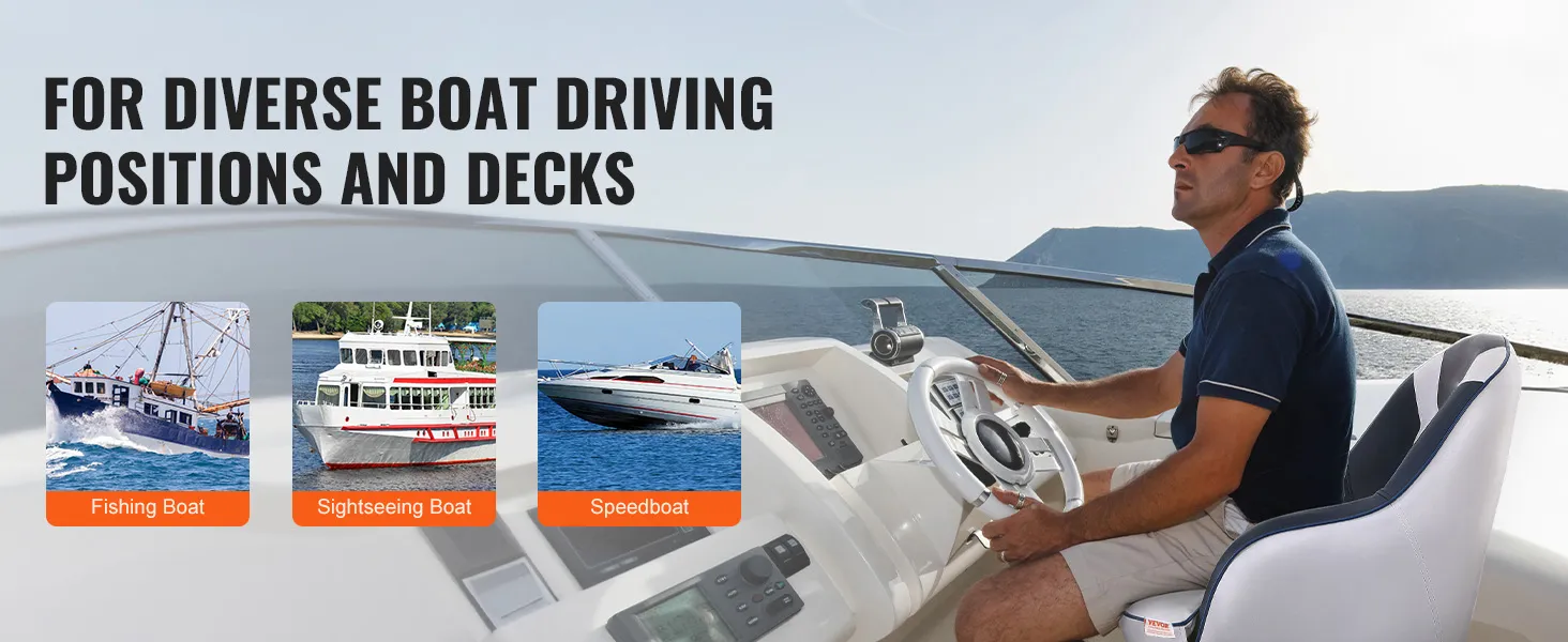 VEVOR captain bucket seat on a boat with text highlighting versatility for fishing boats, sightseeing boats, and speedboats.