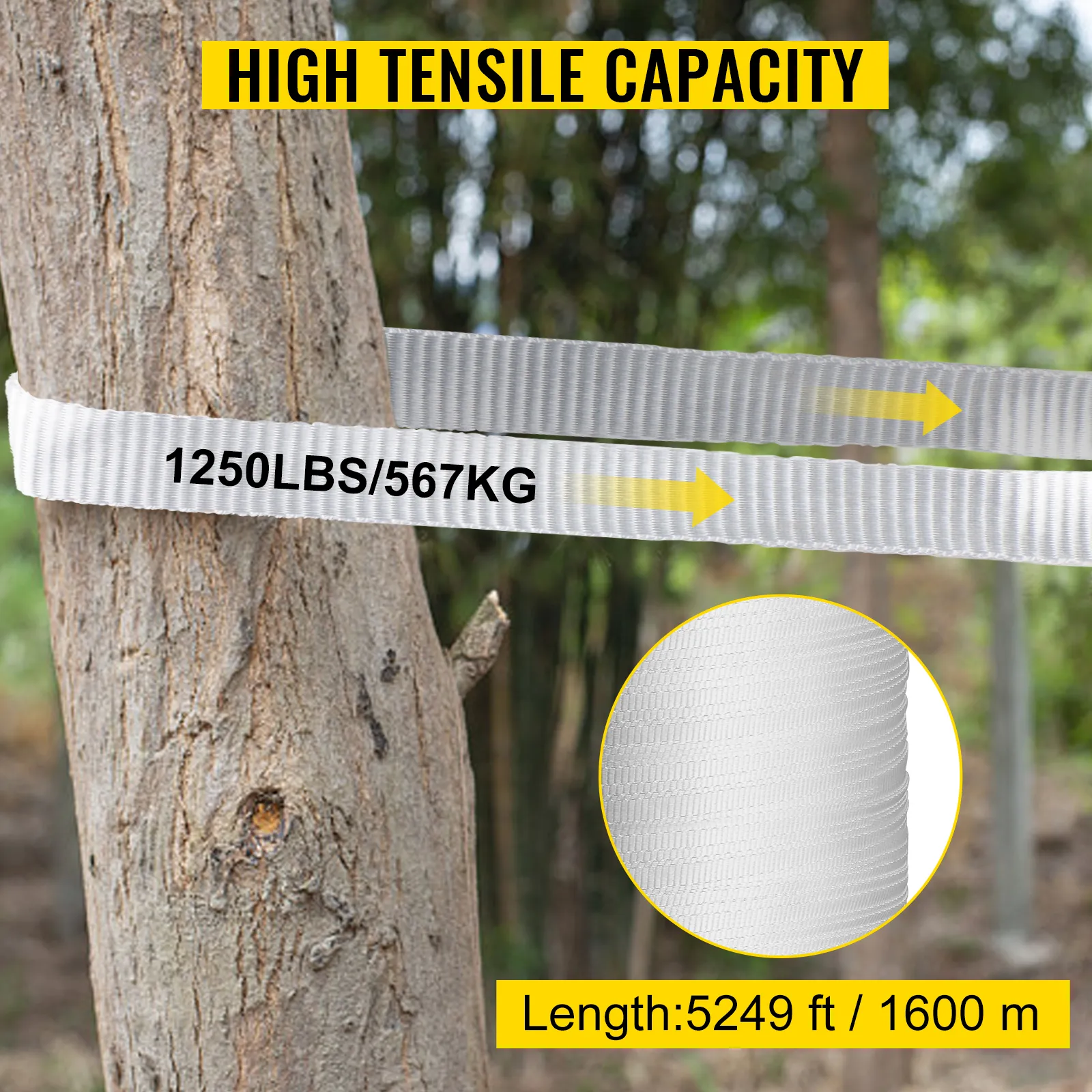 Cinta de tracción VEVOR que muestra una capacidad de 1250 lb/567 kg envuelta alrededor de un árbol. Longitud: 5249 pies/1600 m.