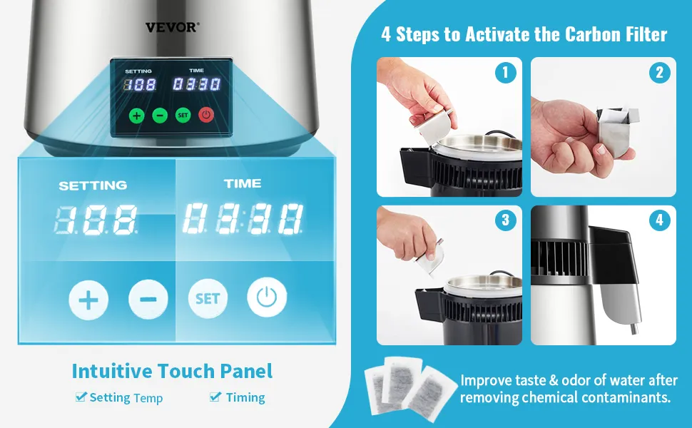VEVOR water distiller touch panel and carbon filter activation steps.