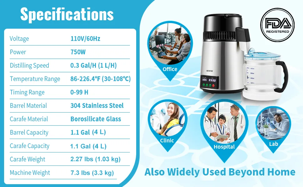 VEVOR water distiller specifications and applications in office, clinic, hospital, and lab settings.