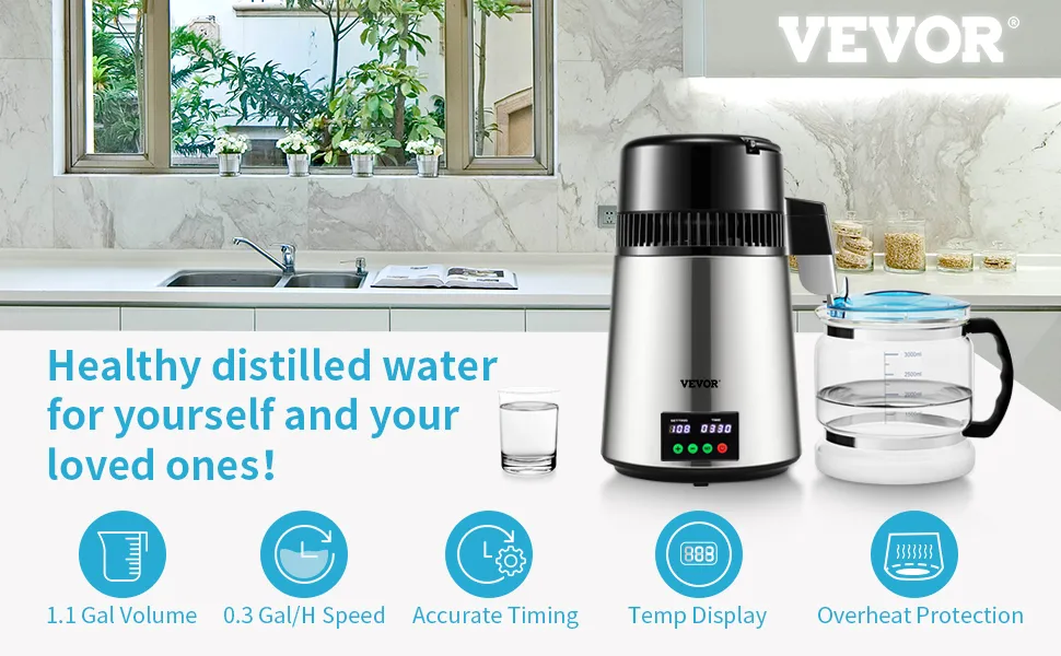VEVOR water distiller in a modern kitchen, featuring temp display, overheat protection, and 1.1 gal volume.