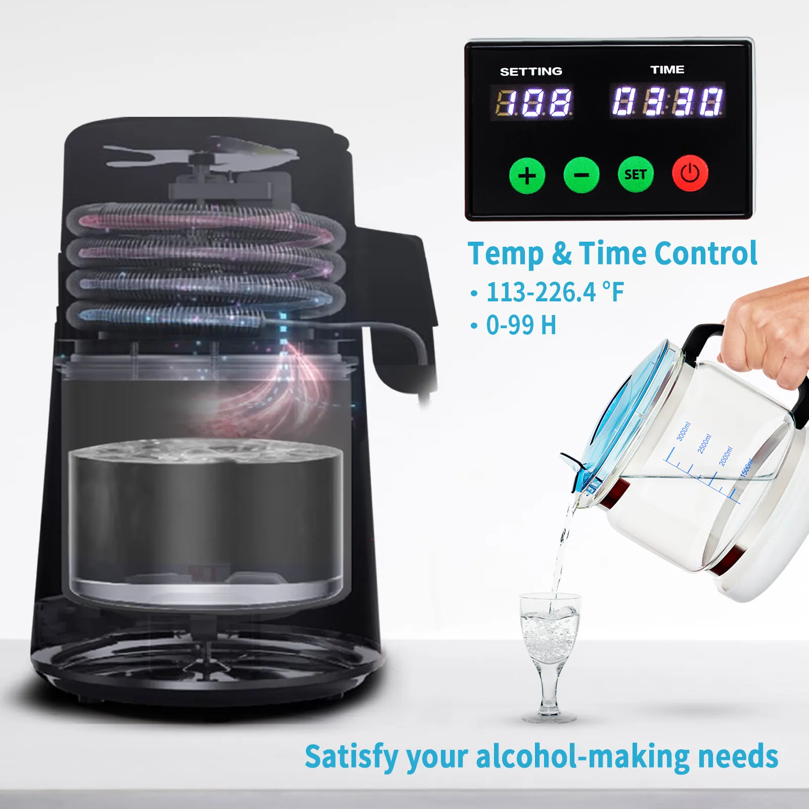 VEVOR water distiller with temp and time control, detailed inner view, and a hand pouring water into a glass.