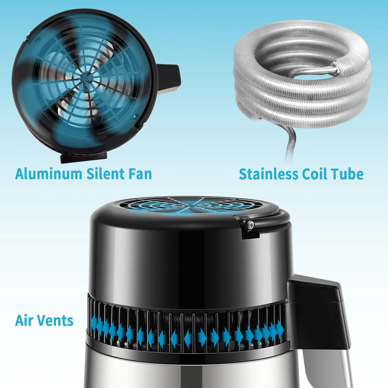 VEVOR water distiller with aluminum silent fan, stainless coil tube, and air vents.