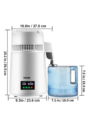 VEVOR 1.1Gal Water Distiller, 0.3Gal/H, 750W Distilled Water Maker Machine 0-99H Timing Set Temp Display, 304 Stainless Steel Countertop Distiller Plastic Carafe Cleaning Powder 3 Carbon Packs, White