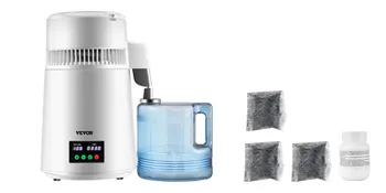 VEVOR water distiller with blue collection container, four charcoal sachets, and cleaning agent.