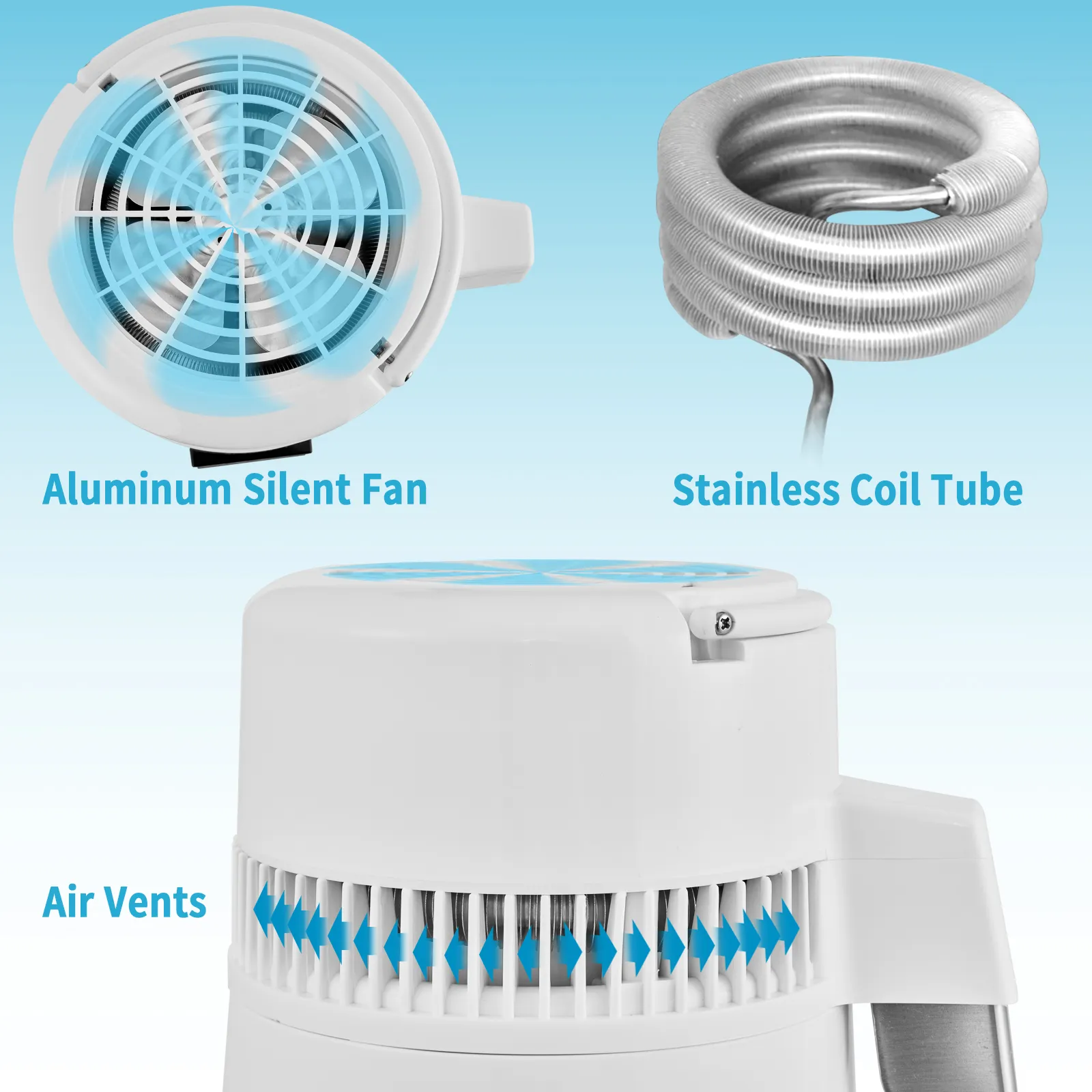 Destilador de agua VEVOR con ventilador silencioso de aluminio, tubo de serpentín de acero inoxidable y rejillas de ventilación eficientes.