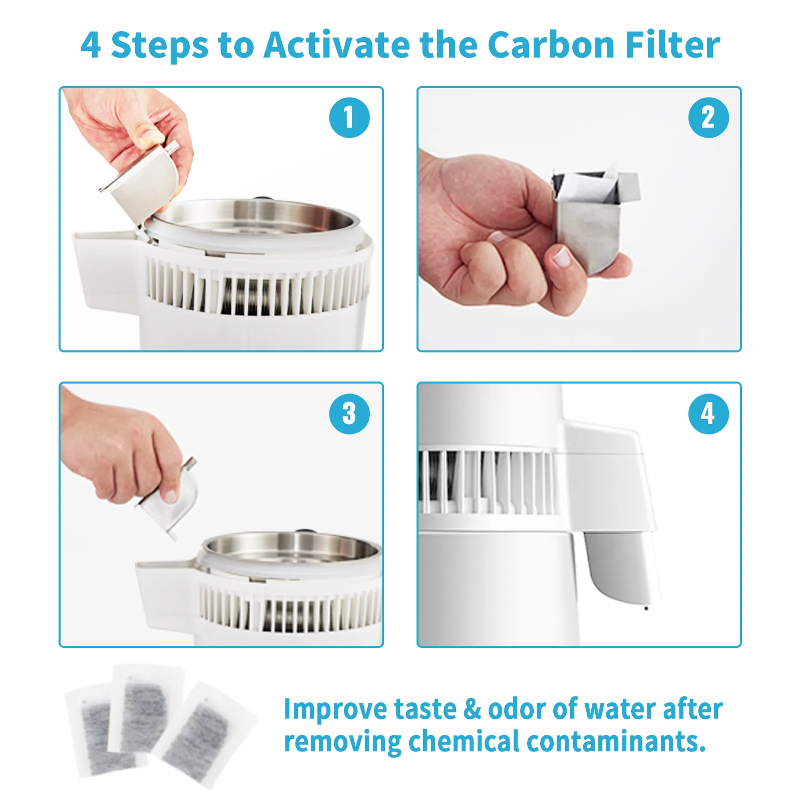 4 steps to activate carbon filter in VEVOR water distiller, enhancing water's taste and odor.