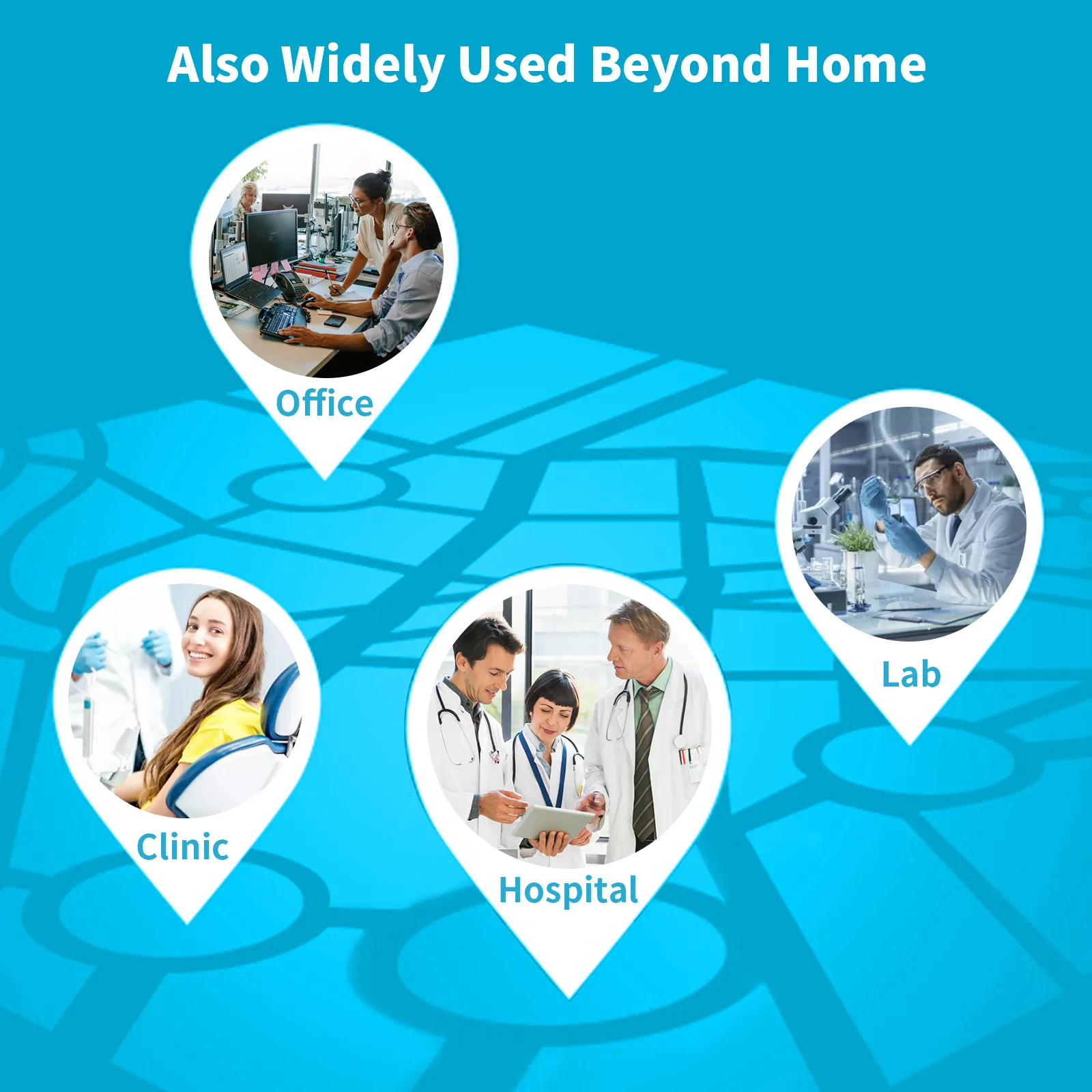 VEVOR water distiller used in office, hospital, clinic, and lab, highlighting its versatile applications.