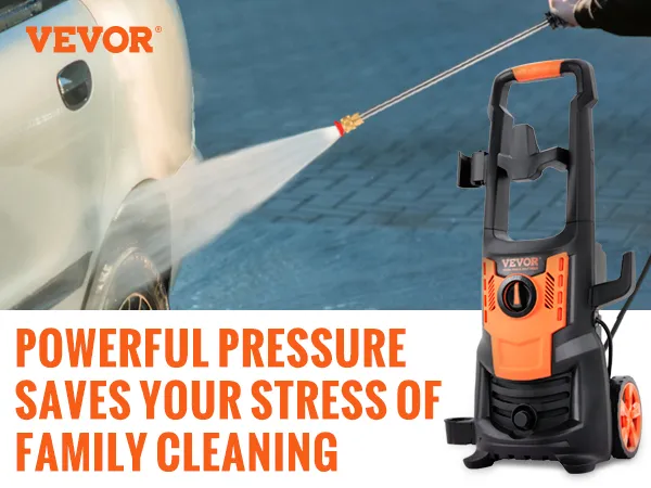 Hidrolavadora eléctrica VEVOR que limpia un automóvil con 2150 psi, 1,8 gpm y 1800w de potencia.