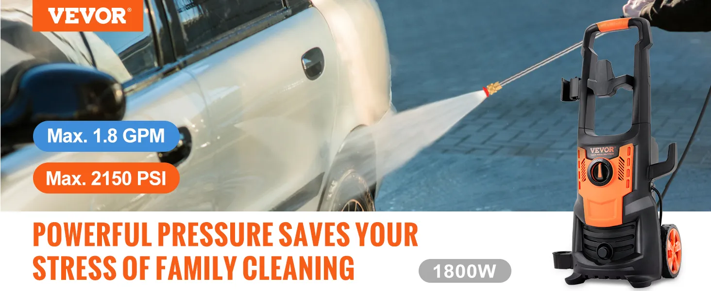 Hidrolavadora eléctrica VEVOR que limpia un automóvil con 2150 psi, 1,8 gpm y 1800w de potencia.