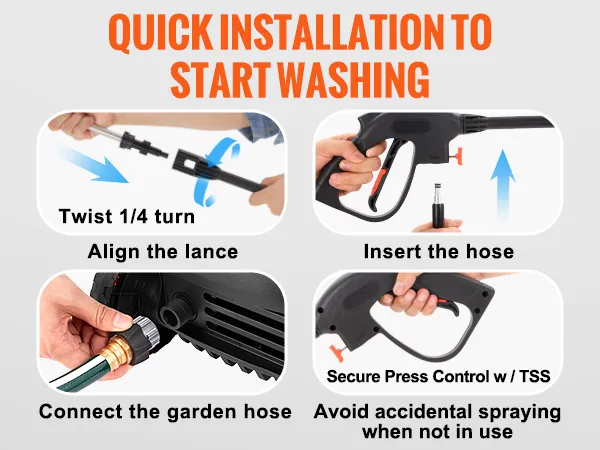 Guía de instalación rápida para hidrolavadora eléctrica VEVOR, que muestra los pasos de montaje y conexión.