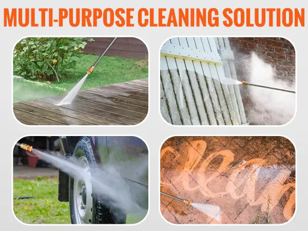 Hidrolavadora eléctrica multiusos VEVOR con ejemplos de limpieza en diversas superficies.
