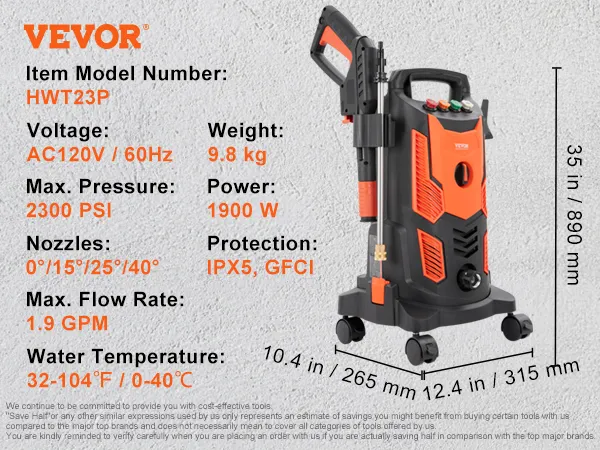 Hidrolavadora eléctrica VEVOR, modelo hwt23p, 1900w, 2300 psi, 1,9 gpm, ipx5, GFCI.